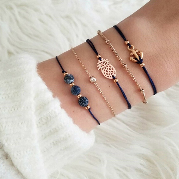 5 separate pieces -  gold color bracelet set - pineapple, beads, anchor and more - Picture 4 of 4